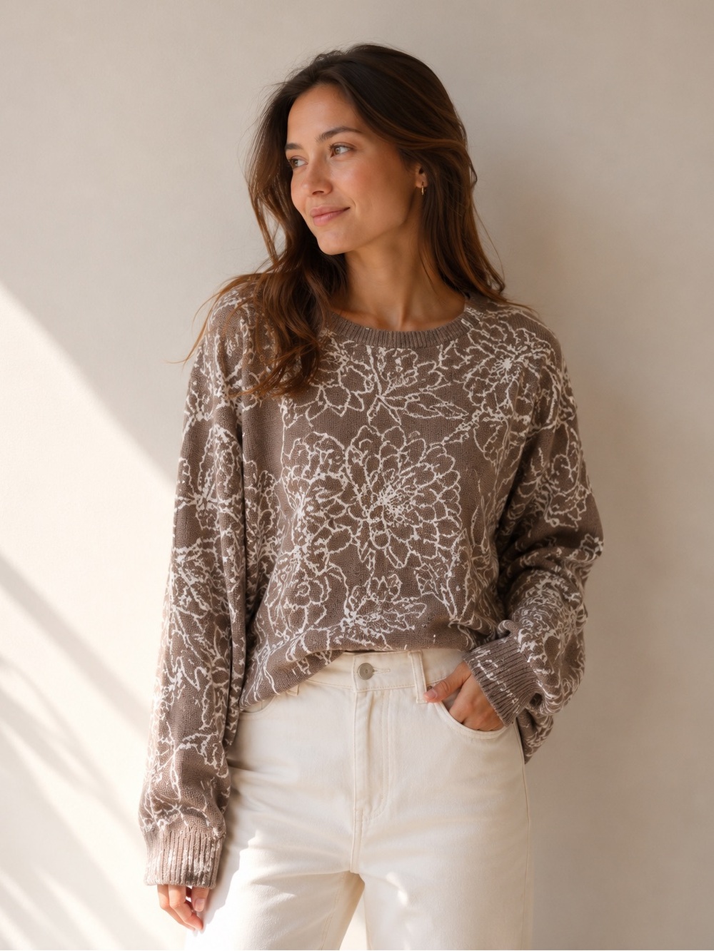 Cynthia Rowley Taupe and White‎ Floral Scoopneck Sweater